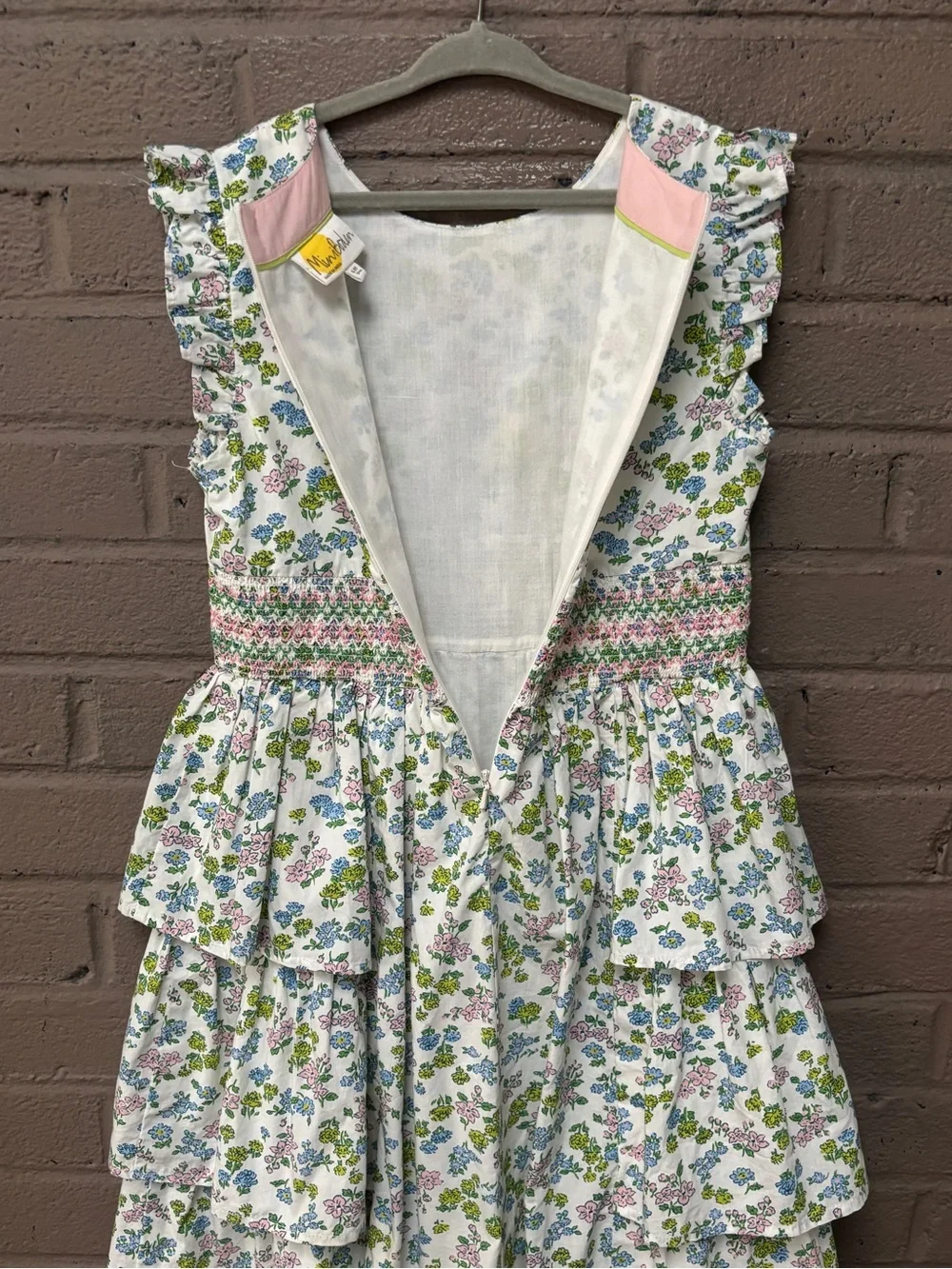 Mini Boden White Floral  Floral Tiered Dress with Pink, Blue & Green 8-9 yrs